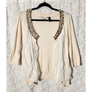 BKE Boutique Womens Open Front Cardigan‎ Size L Cream Boho 00s Officecore Whimsi